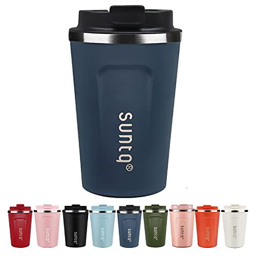 SUNTQ Kaffeebecher to go aus Edelstahl - Thermobecher Doppelwand Isoliert - Kaffeetasse mit Auslaufsicherem Deckel Wiederverwendbar (Schwarzblau, 380ml)