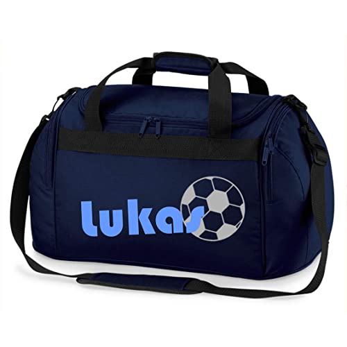 Sporttasche mit Namen | inkl. NAMENSDRUCK | Motiv Fußball | Personalisieren & Bedrucken | Reisetasche Jungen Ball Sport-Verein | blau schwarz (dunkelblau)