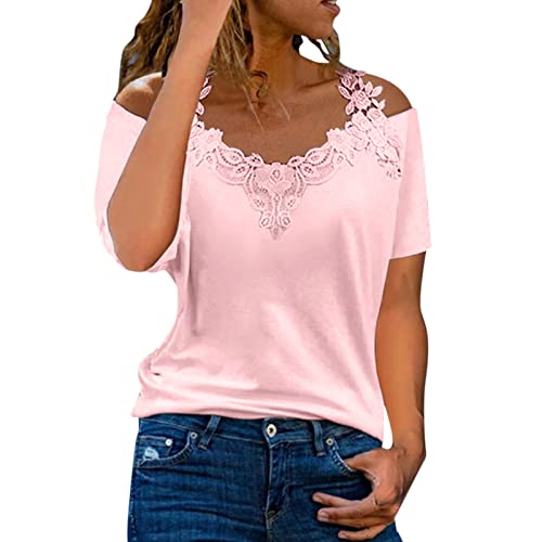 Langarmshirts für Damen Womens Sexy Lace Solid Kurzarm Casual T-Shirt Bluse Tops