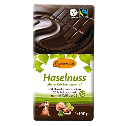 Birkengold Haselnuss Schokolade 100 g | ohne Zuckerzusatz | 55 % Kakaoanteil | nur mit europäischem Xylit gesüßt | fairtrade | vegan