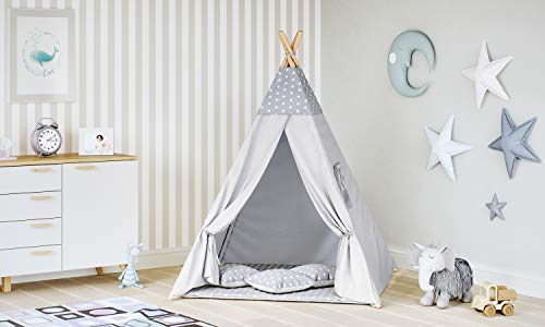 MT MALATEC Tipi Zelt für Kinder Spielzelt Indianer Baumwolle 3 Kissen Kinderzelt drinnen draußen 8702 , Farbe:Grau- Sterne