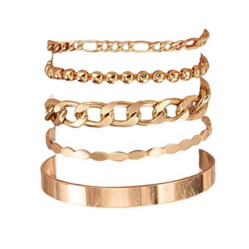 Branets Armband-Set mit Perlen, Gold, Kreis-Armband, mit Punk Klobige Flachkabelkette Armreifen Schmuck Verstellbares Geschenk für Damen und Mädchen