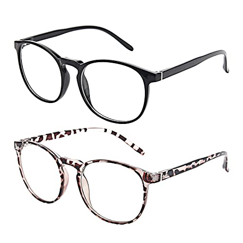 Amazon Brand–Eono Blaulichtfilter Brille für Damen Herren - Nerd Brille ohne Stärke, Anti Blaulicht Brillen für Computer, PC, Gaming, Fernsehen - 2er Pack(Helles Schwarz+Leopard)