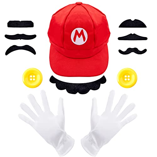 Mario Mütze, Super Mario und Luigi Kostüm mit Super Mario Mütze, Weißen Handschuhe und Bart, Karneval Halloween Cosplay Kostüm Dekoration für Kinder Erwachsene Damen(Rot)