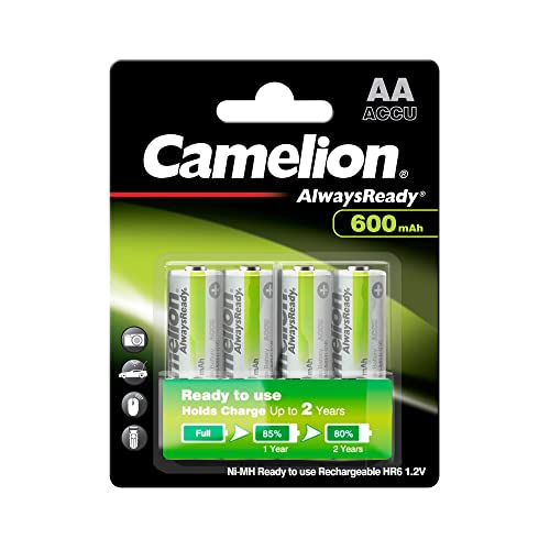 Camelion 17406406 - Always Ready Ni-MH Batterien AA / HR6, 4 Stück, Kapazität 600 mAh, wiederaufladbar, leistungsstarke Einwegbatterien für elektronische Geräte zur optimalen Energieversorgung