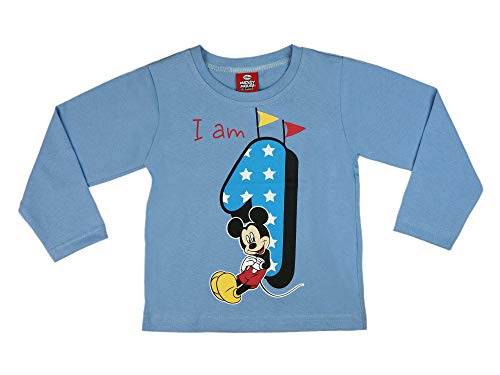 Jungen Baby Kinder 1. erster Geburtstag Langarm T-Shirt 1 Jahre Baumwolle Birthday Outfit GRÖSSE 86 Mickey Mouse Disney Weiss Blau Babyshirt Oberteil Hemd Polo Farbe Blau