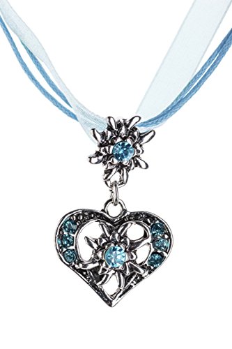 Trachtenkette elegantes Herz mit Strass und Edelweiss in vielen Farben - Anhänger Trachtenschmuck Kette für Dirndl und Lederhose Damen (Hellblau)