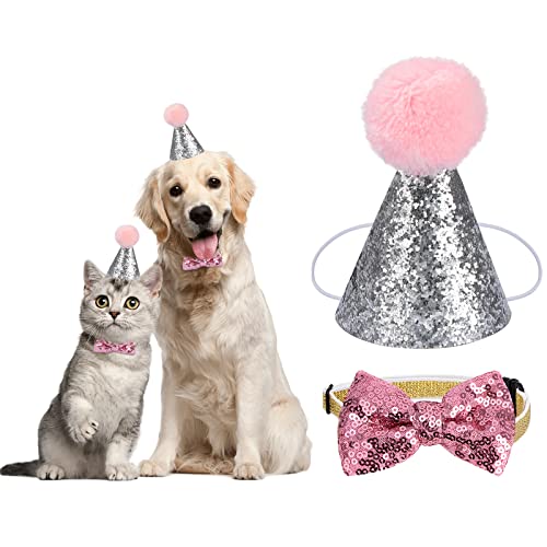Haustier Geburtstag Hut Hund Katze Partyhüte mit Fliege Pailletten Verstellbarem Headwear Kostüm für Katzen Hunde 2 Stück