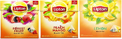 Lipton Aromatisierter Schwarztee Pack 3 x 20 Pyramiden Teebeutel (Lemon ,Forest Fruit, Peach Mango)