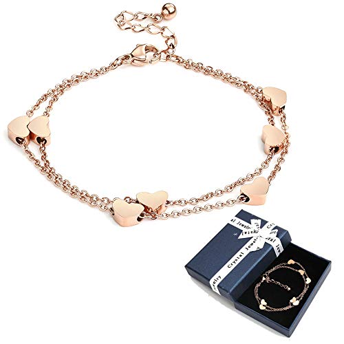 Crazy-m Rosegold Herzen Damen Armband Layered Armband mit Herz Anhängern Doppelt Kette Armband für Frauen Armkette Edelstahl Bracelet aus Titan