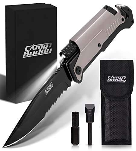 CampBuddy 5-in-1 Survival Messer | Klappmesser mit Feuerstein & Taschenlampe | Extra Scharfes Taschenmesser & Outdoor Messer