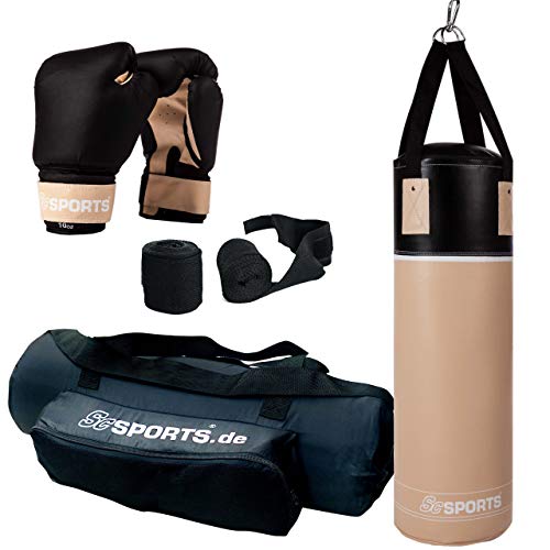 ScSPORTS Boxsack-Set, für Jugendliche und Kinder, Box-Set mit Boxhandschuhen, Boxbandagen und Tasche, 12 kg, beige/schwarz