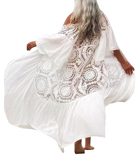 Minetom Damen Strandkleid Kimono Cardigan Lang Bikini Cover Up Sommer Boho Spitzen Strandurlaub Langes Kleid E Weiß Einheitsgröße
