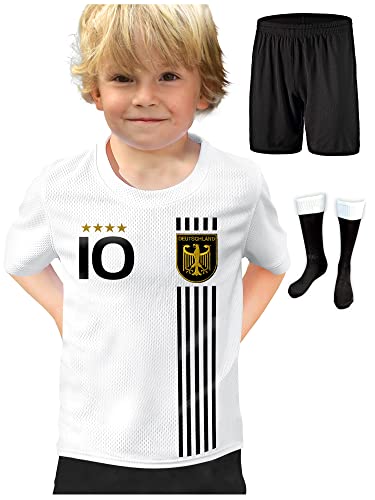 DE FANSHOP Deutschland Trikot mit Hose & GRATIS Wunschname + Nummer #D5 2021 2022 EM/WM Weiss - Geschenk für Kinder Jungen Baby Fußball T-Shirt personalisiert