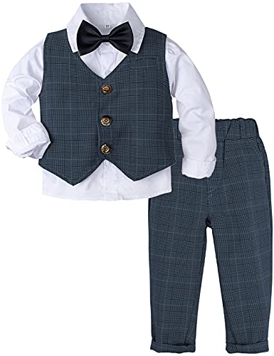 mintgreen Baby Anzug Junge, 3 Stück Gestreift Outfit Hochzeit Gentleman Kleiderset Lange Ärmel Hemd + Weste + Hosen + Krawatte, Marine, 12-18 Monate, 80