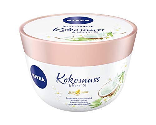 NIVEA Body Soufflé Kokosnuss & Monoi Öl (200 ml), Körperpflege für 24h Feuchtigkeit, Lotion für trockene und sehr trockene Haut