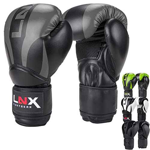 LNX Boxhandschuhe Nitro 8 10 12 14 16 Oz - Männer, Frauen, Kids Kickboxen Boxen Muay Thai MMA Kampfsport UVM schwarz/grau (004) 12 Oz