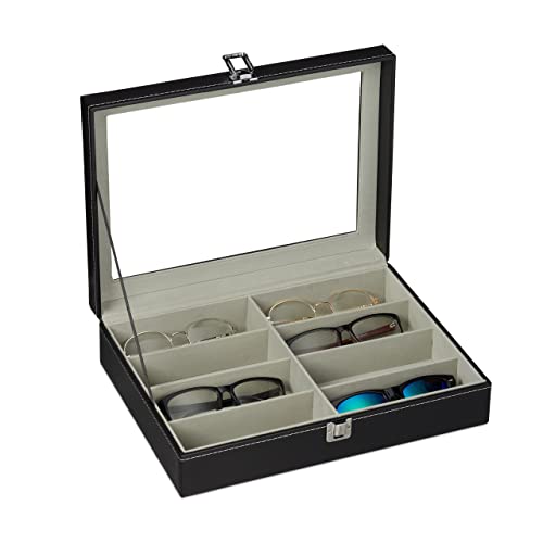 Relaxdays Brillenbox für 8 Brillen, Aufbewahrung Sonnenbrillen, 8,5 x 33,5 x 24,5 cm, Kunstleder Brillenkoffer, schwarz