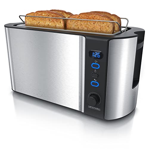 Arendo - Edelstahl Toaster Langschlitz 4 Scheiben - Defrost Funktion - wärmeisolierendes Gehäuse - mit integrierten Brötchenaufsatz - 1500W - Krümelschublade - Display mit Restzeitanzeige - Silber