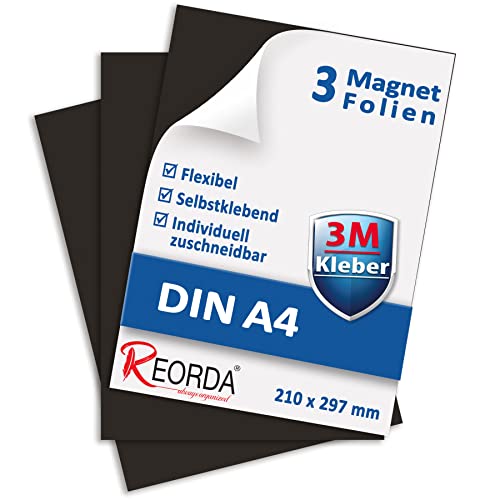 Reorda® Magnetfolie DIN A4 selbstklebend 3er Set mit starkem 3M-Kleber I Magnetische Folie zuschneidbar für Kühlschrank, Tafeln & Poster I Magnetplatte selbstklebend für's Basteln