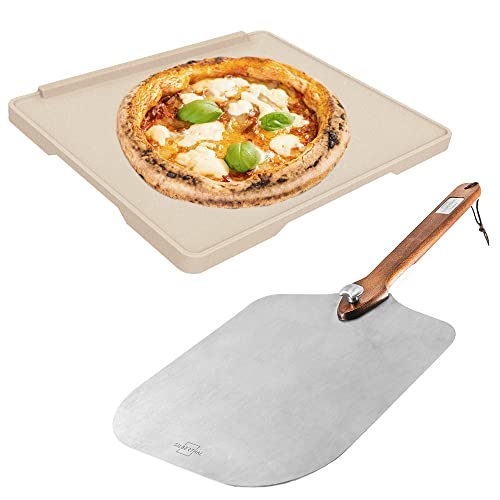 SILBERTHAL Pizzastein für Gasgrill & Backofen mit Pizzaschaufel aus Edelstahl - Rechteckig 30×38 cm – Steinplatte aus Cordierit zum Pizza- & Brot backen
