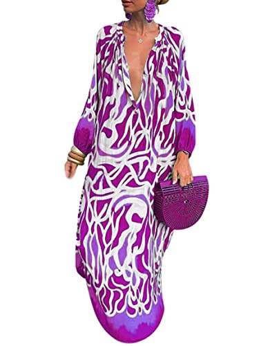 Minetom Langes Kleid Damen V-Ausschnitt Strandkleid Boho Druck Party Maxikleid Freizeitkleid Sommerkleid A2 Violett XXL