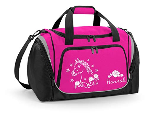Mein Zwergenland Sporttasche Kinder personalisierbar mit Schuhfach, Kindersporttasche 39L mit Name und Pferd Bedruckt in Pink