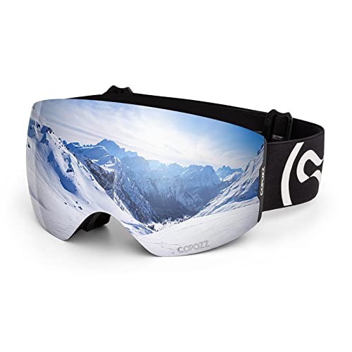 COPOZZ Skibrille, Snowboard Schneebrille gegen Blendung mit Antibeschlag Wechselobjektiv UV-Schutz Helmkompatibel Skibrillen für Männer Frauen Damen Teen (Schwarz Rahmen/Silber Linse(VLT 11%))