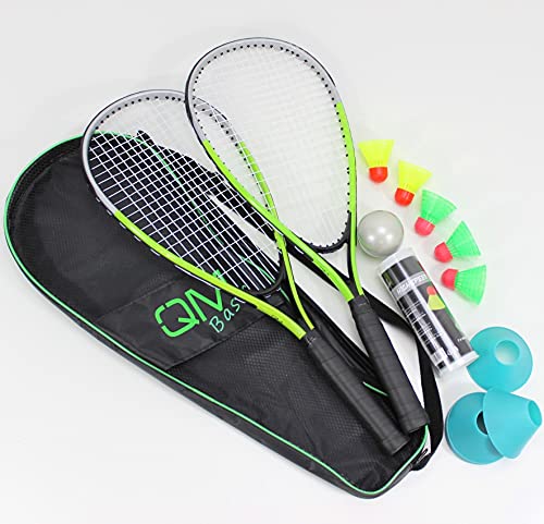 QMBasic Speed Badminton Set + 5 Speed Balls | Beach Turbo Federball Schläger Highspeed Erwachsene | mit Spielfeld Begrenzung Hütchen