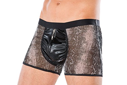 .Andalea Men's Collection Herren Wetlook Boxer-Shorts grau/schwarz mit Schlangenmuster und Reißverschluss transparent Größe: 4XL/5XL