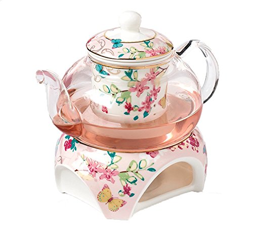 YBK Tech Teekanne mit Stövchen und Teesieb aus feinem Porzellan und Glas (Rosa (Schmetterlingenmuster))