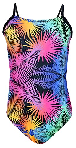 Aquarti Mädchen Badeanzug mit Spaghettiträgern Streifen, Farbe: Bunte Blätter/Schwarz/Pink/Orange, Größe: 152