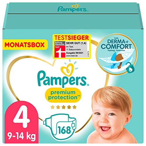 Pampers Baby Windeln Größe 4 (9-14kg) Premium Protection, Maxi, 168 Stück, MONATSBOX, bester Komfort und Schutz für empfindliche Haut