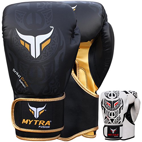 Mytra Fusion Boxhandschuhe 10oz 12oz 14oz 16oz MMA Boxhandschuhe für das Training Punching Sparring Muay Thai Kickboxen Herren Damen (Black Gold, 12-oz)