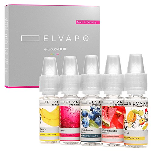 5 x 10ml Elvapo Premium Plus E-LIQUID-BOX | Extra starker Geschmack | Energy, Wassermelone, Tropical, Banane, Heidelbeere | 50ml für E-Zigaretten E-Shishas | Made in Germany | 0,0 mg (nikotinfrei)