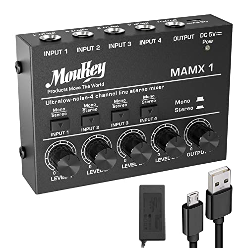 Moukey MAMX1 4 Kanal DJ Mixer Mischpult, Musik Mixer tragbar, Mini Karaoke Mixer, 4 Stereo Mini Audio Mixer für kleine Clubs Bars Gitarre Bass Keyboard und Bühnenmixer, Ultra niedrig Noise