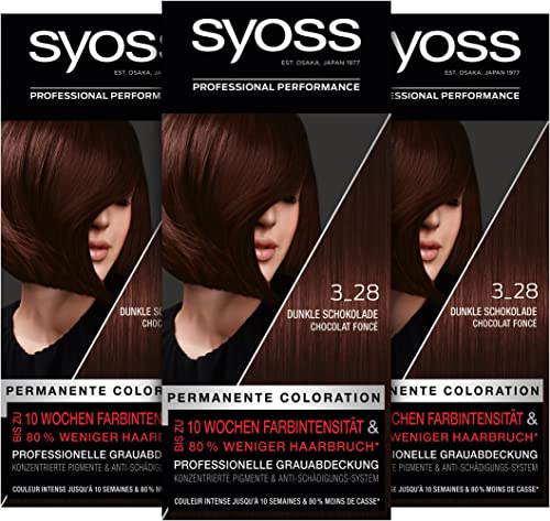 Syoss Color Coloration 3_28 Dunkle Schokolade Stufe 3 (3 x 115 ml), permanente Coloration für bis zu 10 Wochen Farbintensität und 70 % weniger Haarbruch*