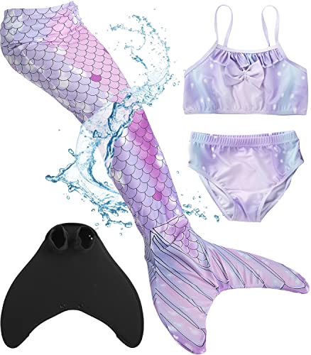 corimori – Meerjungfrauenschwanz mit Bikini für Kinder, Meerjungfrau Aqua, Meerjungfrau-Schwimm-Flosse zum Schwimmen, Mädchen Bademode, Lila-Kombi Körpergröße bis 140cm