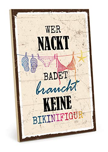 Holzschild mit Spruch – Bikini – im Vintage-Look mit Zitat als Geschenk und Dekoration zum Thema Figur, Diät und Sommer (Größe: 19,5 x 28,2 cm)