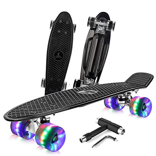 BELEEV Skateboard 22 Zoll Komplette Mini Cruiser Skateboard für Kinder Jugendliche Erwachsene, Led Leuchtrollen mit All-in-one Skate T-Tool für Anfänger(Schwarz)