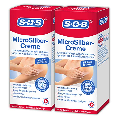 SOS MicroSilber Creme, Intensivpflege für gereizte und trockene Haut sowie Neurodermitis, lindert den Juckreiz und beugt Entzündungen vor, mit Panthenol und Sojaöl, ohne Parfüm, 2 x 100 ml Creme