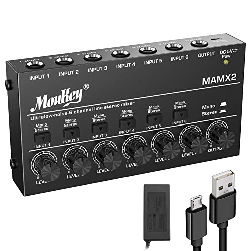 Moukey MAMX2 6 Kanal DJ Mixer Mischpult, Musik Mixer tragbar, 6 Stereo Mini Audio Mixer DC 5V für kleine Clubs Bars Mikrofon Gitarre Bass Keyboard und Bühnenmixer, Ultra niedrig Noise