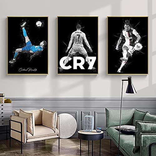 BDHcdfAJGf Cristiano Ronaldo Wand Bilder Fußballstar Poster und Kunstdrucke Sport Künstler Leinwand Bild Wandbilder Wohnzimmer Dekoration 40x60cmx3 Ungerahmt, Schwarz & Weiß