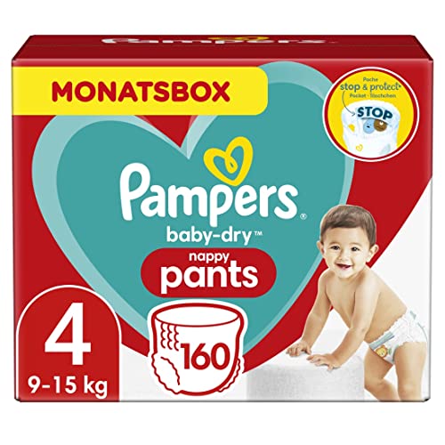 Pampers Windeln Pants Größe 4 (9-15kg) Baby-Dry, Maxi, 160 Höschenwindeln mit Stop- und Schutz Täschchen, MONATSBOX