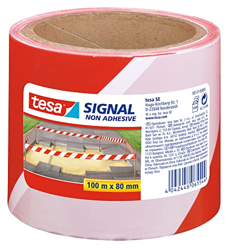 tesa® Signal Absperrband - Warnband zur Absperrung, Markierung und zur Abgrenzung von Gefahrenbereichen - nicht klebend - Rot-Weiß, 100 m x 80 mm