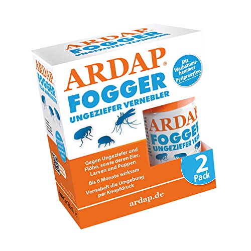 ARDAP Fogger 2 x 100ml - Effektiver Vernebler zur Ungeziefer- & Flohbekämpfung für Haushalt & Tierumgebung - für Räume bis 30m² - Wirksamer Schutz für bis zu 6 Monate