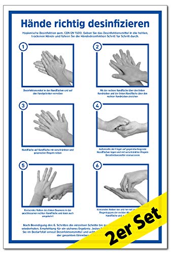 2x Aufkleber Hände richtig desinfizieren | gemäß CEN EN 1500 | 200 x 300 mm Folie selbstklebend | Anleitung Händedesinfektion Hände waschen | Hygiene Desinfektion | Handdesinfektion Händewaschen | LEM