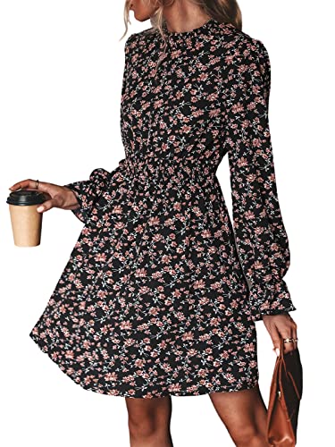 CUPSHE Damenkleid High Neck Langarm Blumenmuster Partykleid Freizeitkleider Skater Mini Dress Schwarz S