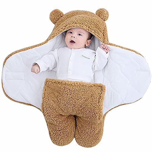 TURMIN Teddy Schlafsack Baby, Neugeboren Weich Gefüttert Pucksack Verstellbare Schlafsack Decke für Säuglinge Babies Neugeborene Unisex Baby-Braun-S(0-3 Monate)