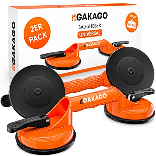 Gakago Saugheber (2er Pack) - Ergonomische & rutschfeste Sauggriffe - 120kg tragfähiger Vakuumheber für den Transport von Fliesen, Laminat, Scheiben und Glas als Glasheber, Glassauger, Glasträger